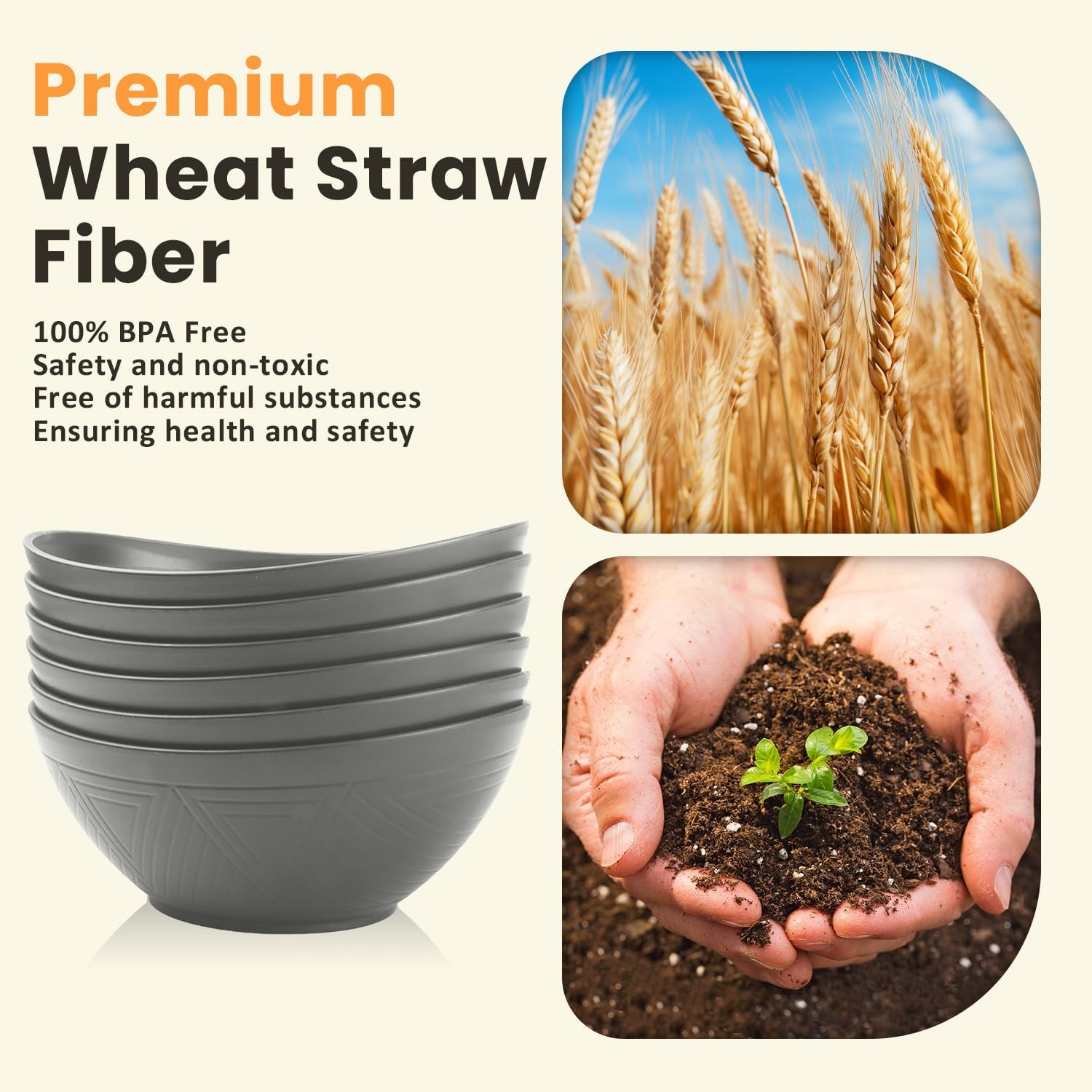 Homienly Wheat Straw Bowls, Large Salad Bowls Set of 6-60 OZ Serving Bowl for Kitchen, Camping, Party - Unbreakablke Microwave and Dishwasher Safe Big Cereal Bowl, Large Soup Bowl - Grey - Image 3