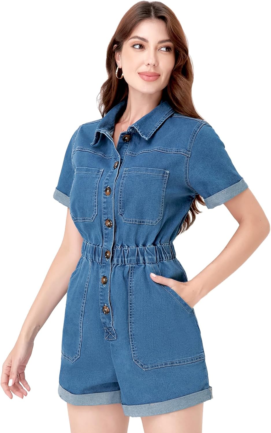 Women Denim Rompers Casual Summer Jumpsuit With Buttons Elastic Waist Short Stretch Blue Jeans With Pocket