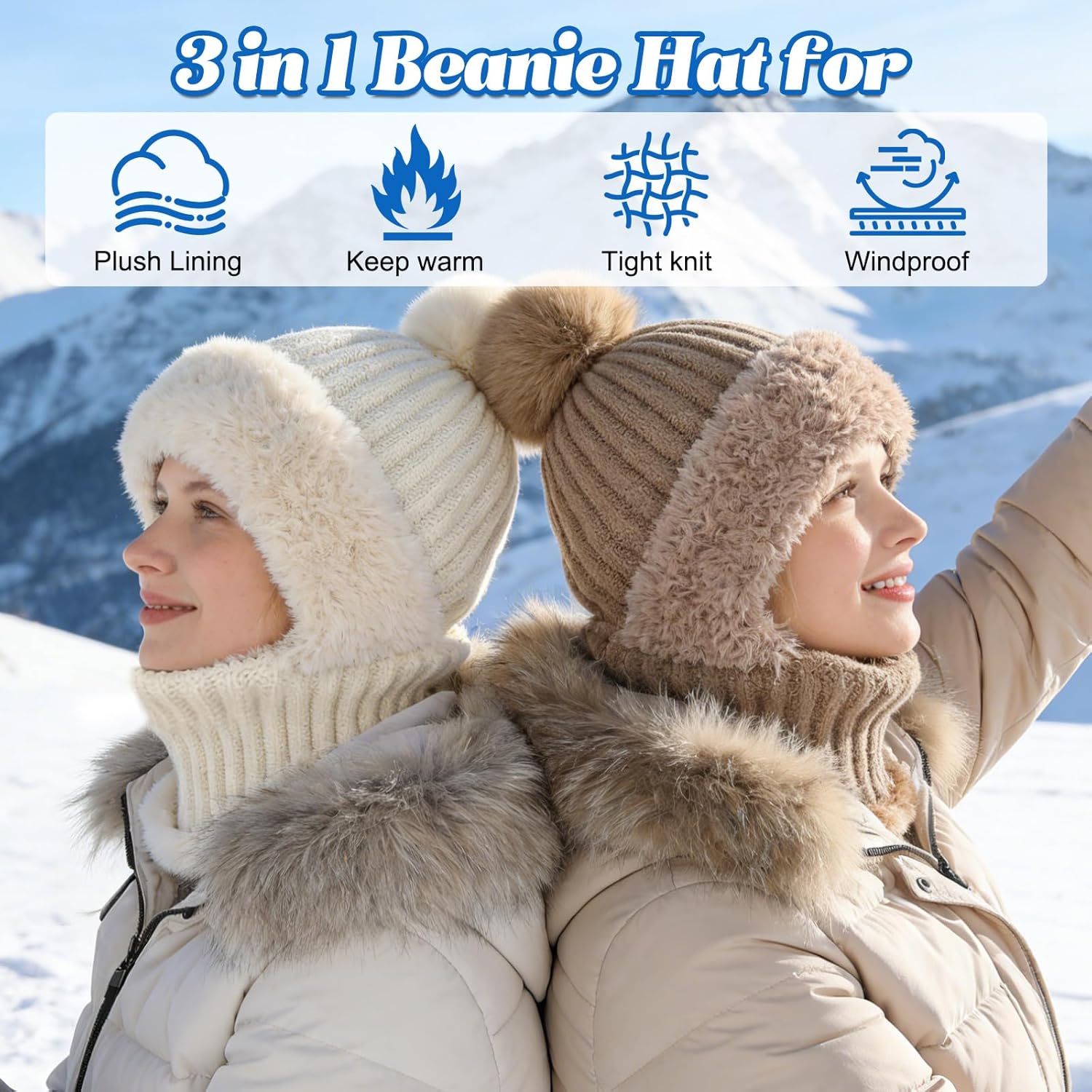3 in 1 Beanie Hat for Women, Upgrade 3 in 1 Beanie Hat, Fall Winter Warm and Windproof Knitted Ski Scarf and Mask Set - Image 4