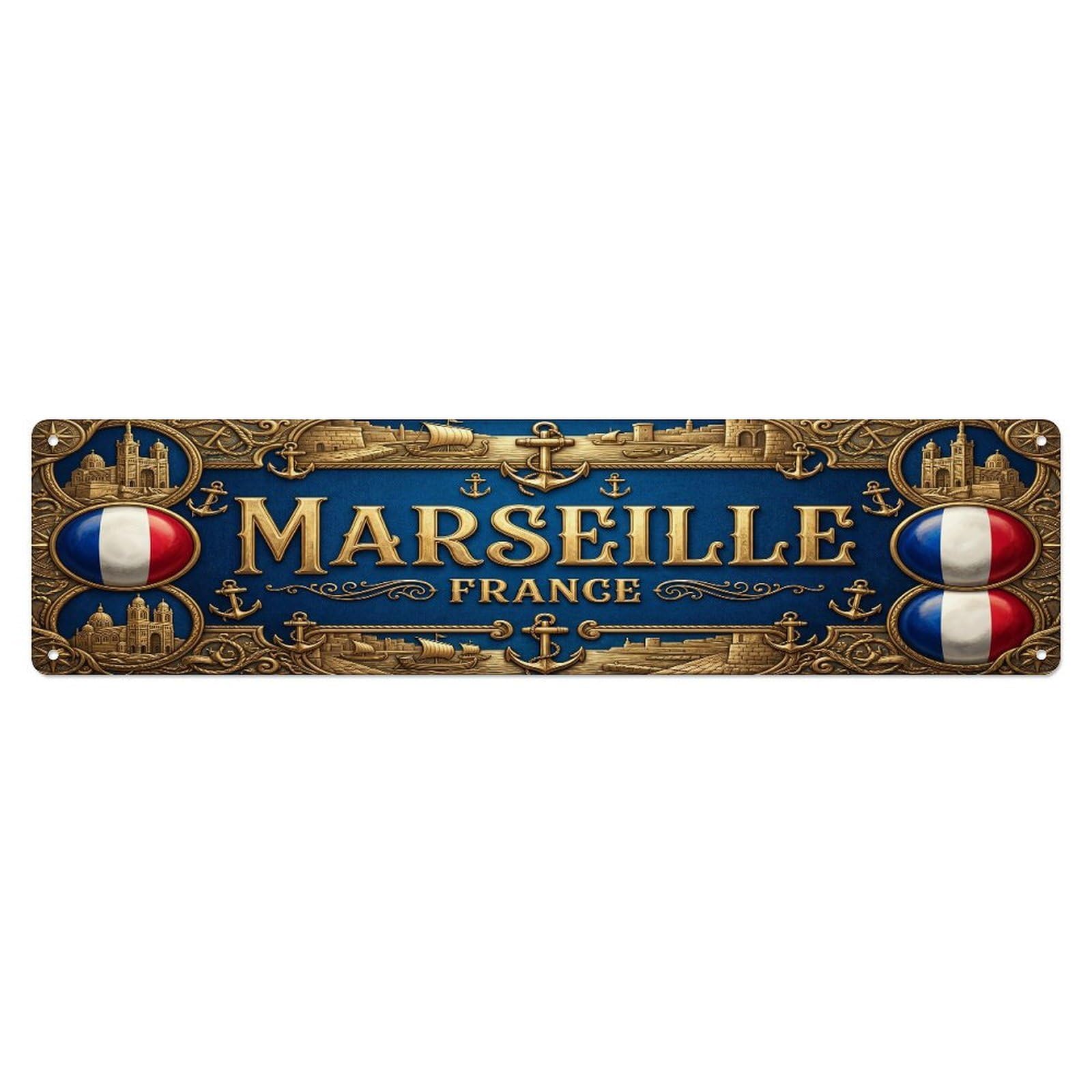 Vintage Marseille France Flag Pattern Metal Tin Sign