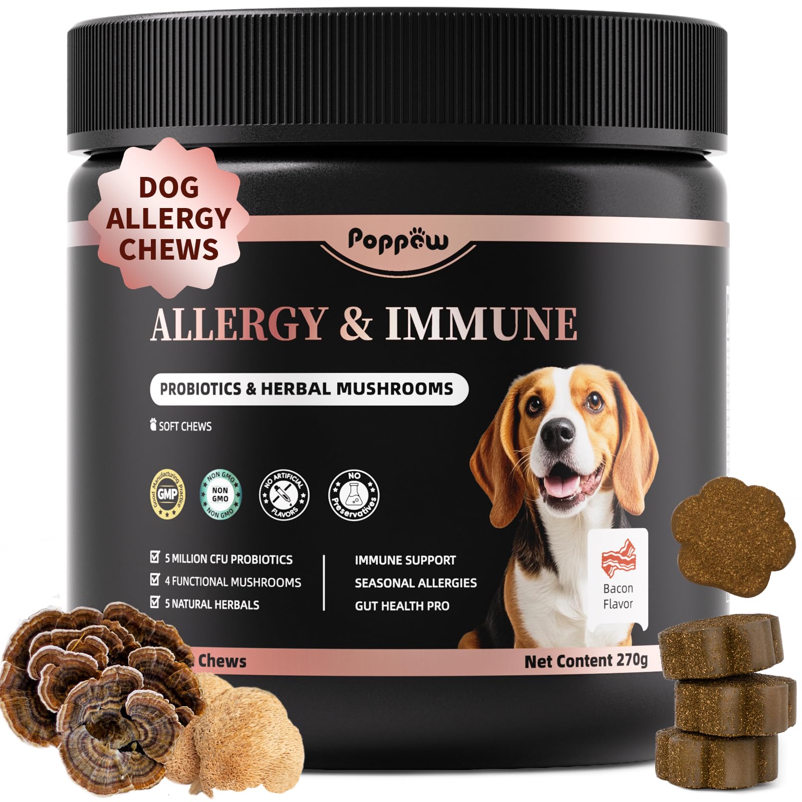 Dog Allergy Chews - Paw Licking, Seasonal Allergy & Itch Relief - Probiotics for Dogs Immune & Gut Health with Turkey Tail Mushroom, Pumpkin - Bacon Flavor - 90