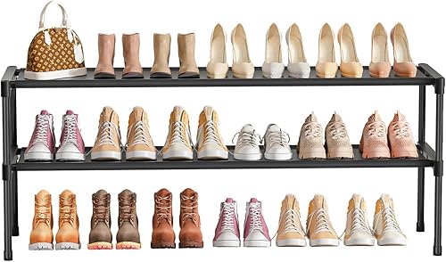 Miniatura 3 de Zapatero largo de 2 niveles, organizador de zapatos ancho apilable para entrada de armario, estante de zapatos, resistente y duradero, ahorra espacio
