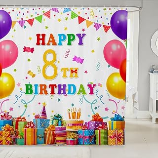 Erosebridal 8Th Birthday Party Decorations Shower Curtain Birthday Gifts for Boys Girls Bathtub Decor Happy 8 Years Old Waterproof Bathroom Curtains Colorful Balloon Fireworks Bath Curtain 72" Wx78 L