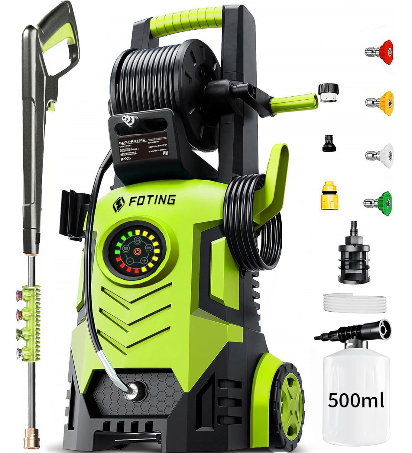 Pressure Washer 5000PSI with Adj-8-Level Touch Screen, 34" Tall Power Washer, 4 Quick Connect Nozzles, Inlet Hose&Filter&500mlFoam Cannon for Cars/Fences/Driveways, Green