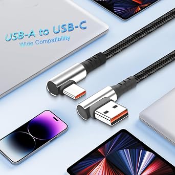 Short USB C Charging Cable 90 Degree USB A to USB-C Cable 6A Fast Charging Cord Right Angle Type C Charger Cable for Car Compatible with Cell Phone Tablet-9.8in (Right Angle USB A And C)