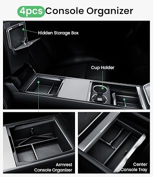 Zanch Tesla New Model Y Juniper & Model 3 Center Console Organizer [Noise-Free, Slide Smoothly] Double Layer Storage Space - Model 3 (2024~2026)/Model Y Juniper Accessories, 4PCS