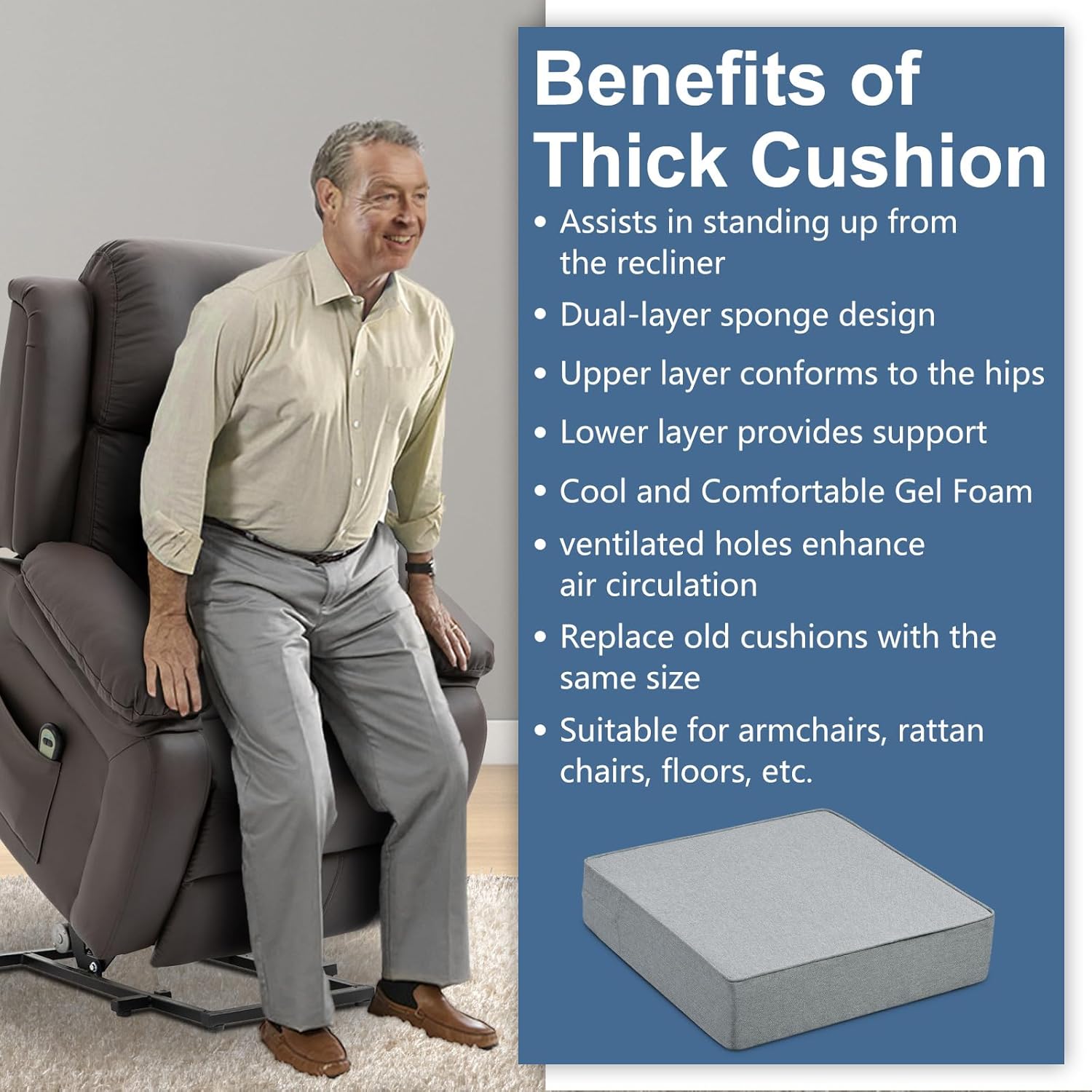 Shinnwa Gel Memory Foam Recliner Cushion for Elderly, Extra Large Seat Cushion, Dual-Layer Foam Chair Pad for Couch, Armchair, Wicker Chairs, Floor, 18 × 18 × 4in, Light Gray