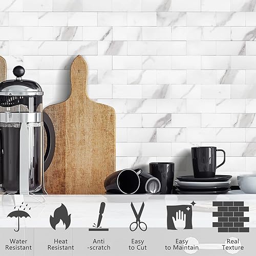 Miniatura 3 de STICKGOO Azulejos de metro de 10 hojas para despegar y pegar, azulejos de pared de PVC autoadhesivos, palo de calacatta en el salpicadero para