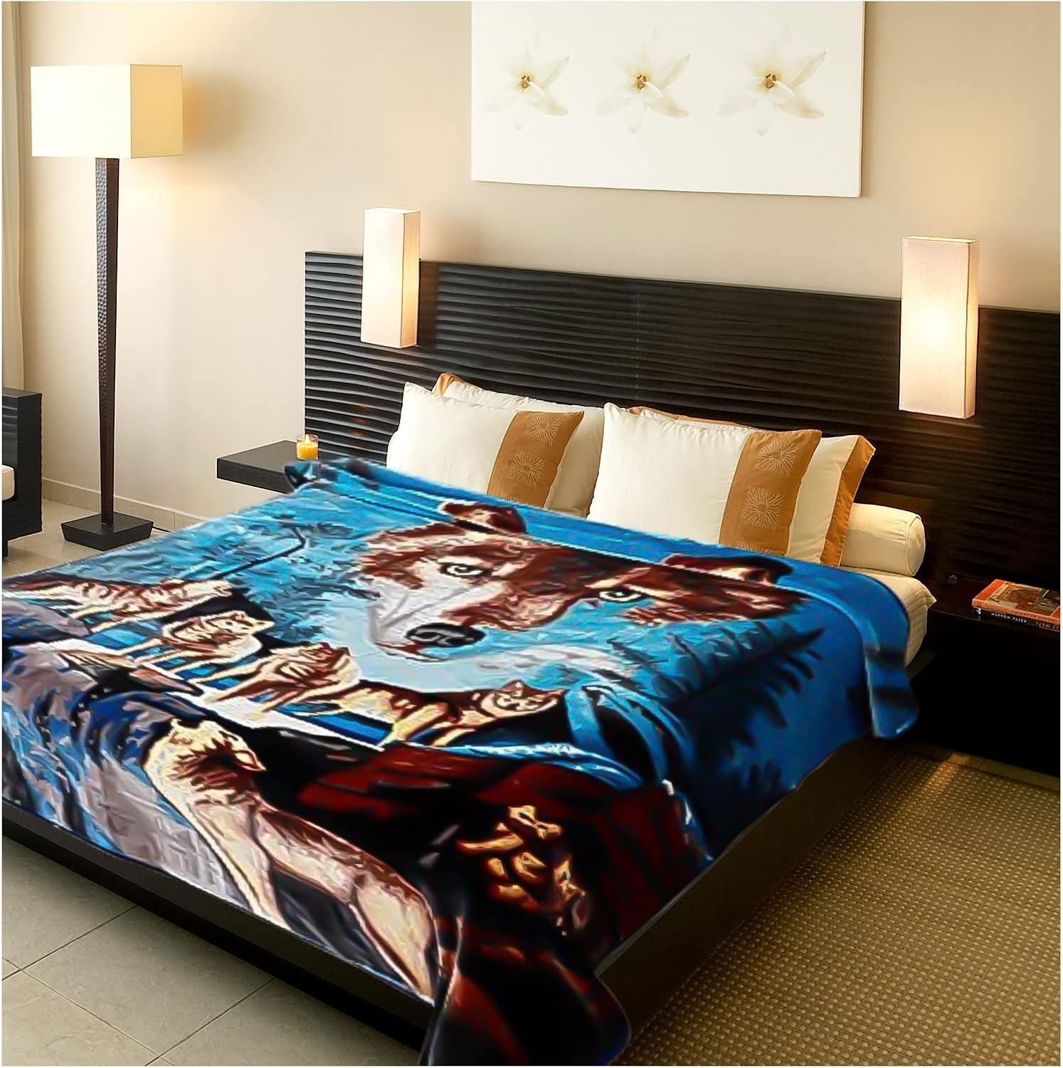 Hiyoko 5.3Lb Heavy 2-Ply Wolf Blanket Queen Size – Faux Mink Korean Fleece, Warm Plush Throw for Adults, Cozy Mexican San Marcos Animal Design 75” x 90 for Mom, Dad, or Valentine’s Day