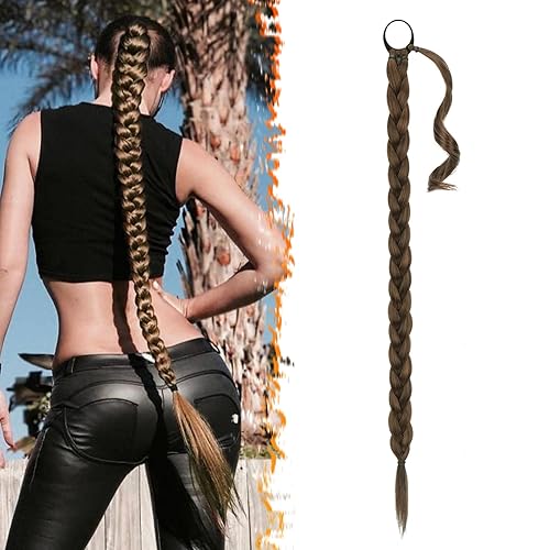 Miniatura 87 de BARSDAR 30 Inch Long Braided Ponytail Extension with Hair Tie - Straight Sleek Wrap Around Brown Braided Ponytail Hair Extensions - Synthetic Pony