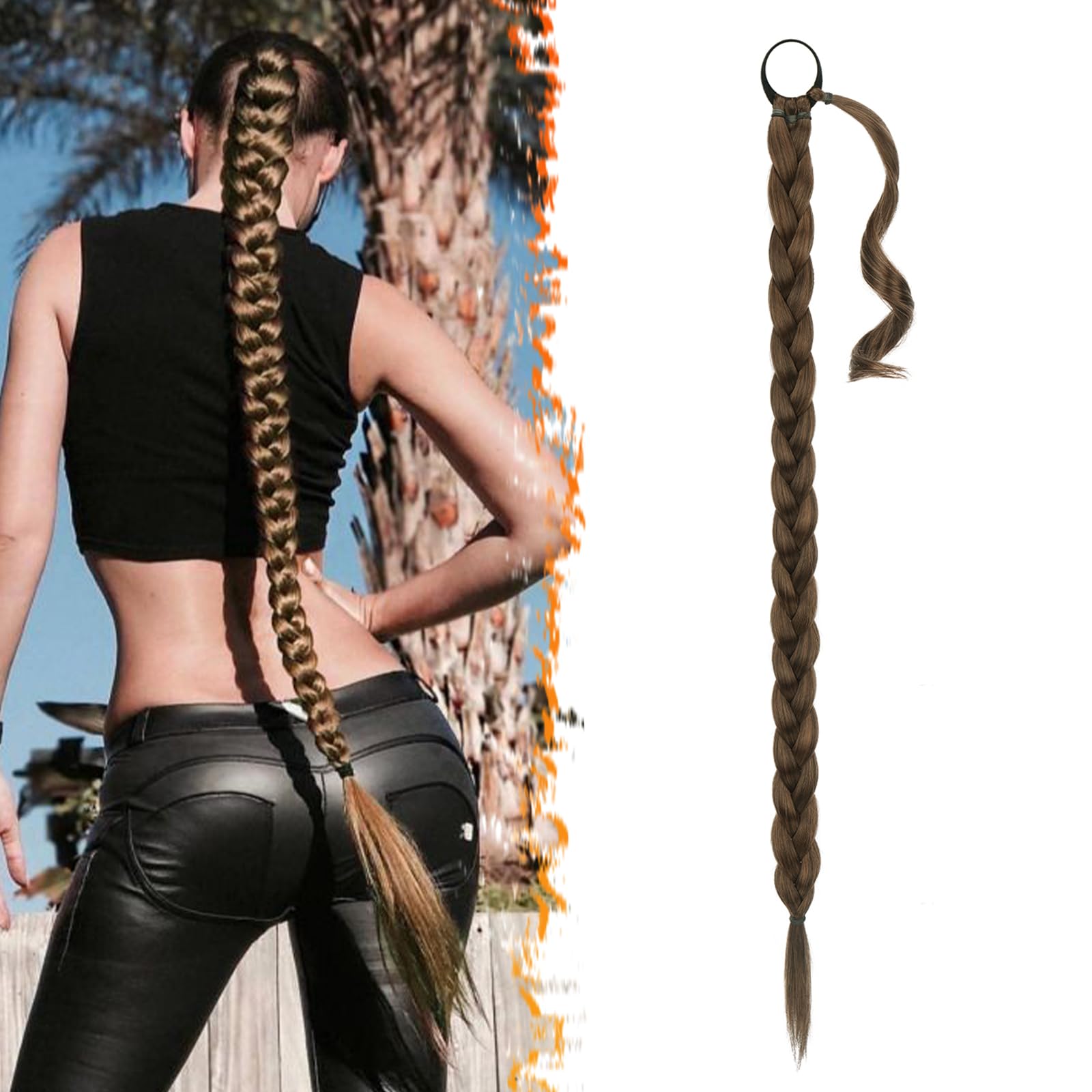 BARSDAR 34 Inch Long Braided Ponytail Extension with Hair Tie - Straight Sleek Wrap Around Brown Braided Ponytail Hair Extensions - Synthetic Pony