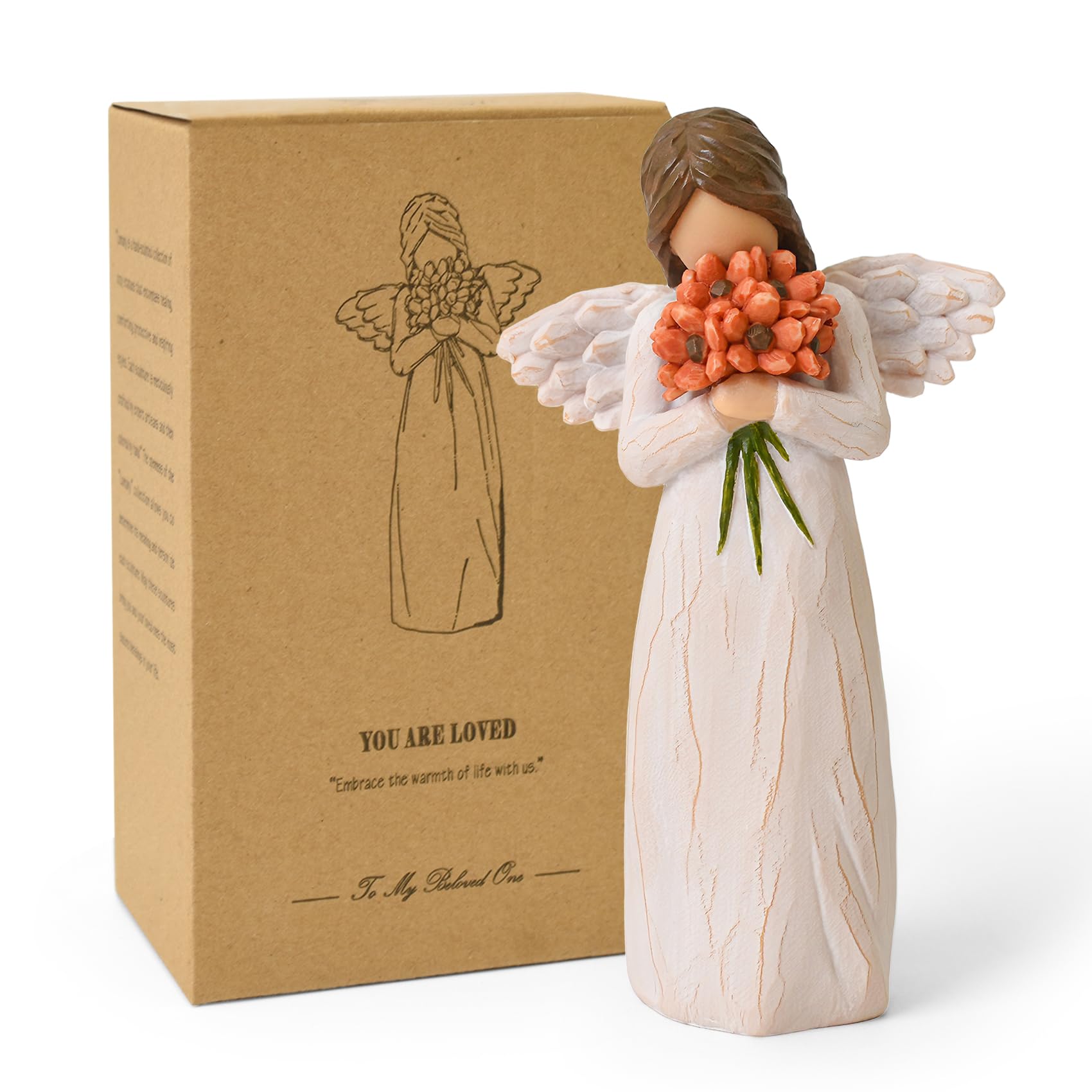 Statuetta di angelo custode con fiori rosso-arancioni, statua di angeli scolpiti in resina dipinta a mano, regali di speranza e rinnovamento emotivo, decorazione per la casa, festa della mamma