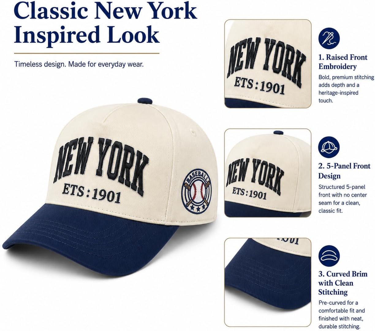 Baseball Hat for Women Men, Two-Tone Baseball Cap, Adjustable City Embroidered Cap image 5