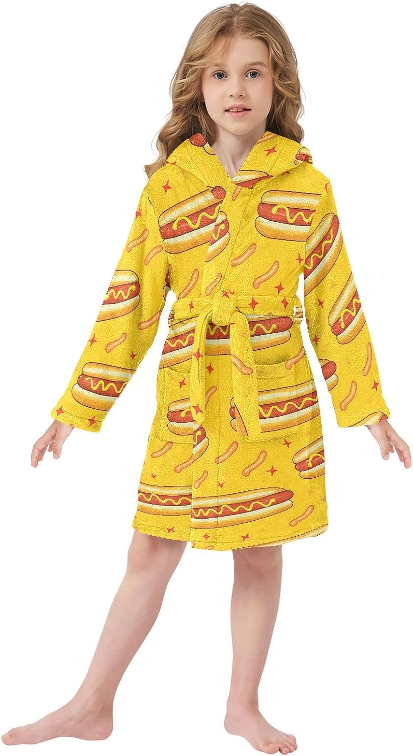 Hotdog Yellow Pattern Toddler Hooded Bathrobe for Boys Girls Soft Plush Bath Towel Robe 2-12 Years