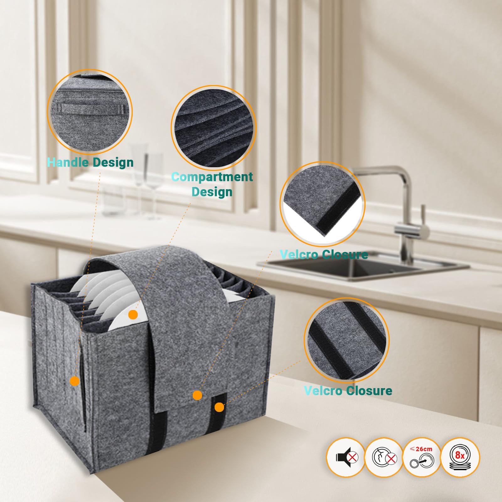 Boîte de Rangement en Feutre pour Rangement Camping-Car Rangement Vaisselle Support pour Assiettes Design Pliable Peut contenir 8 Assiettes et 6 Tasses（Gris）