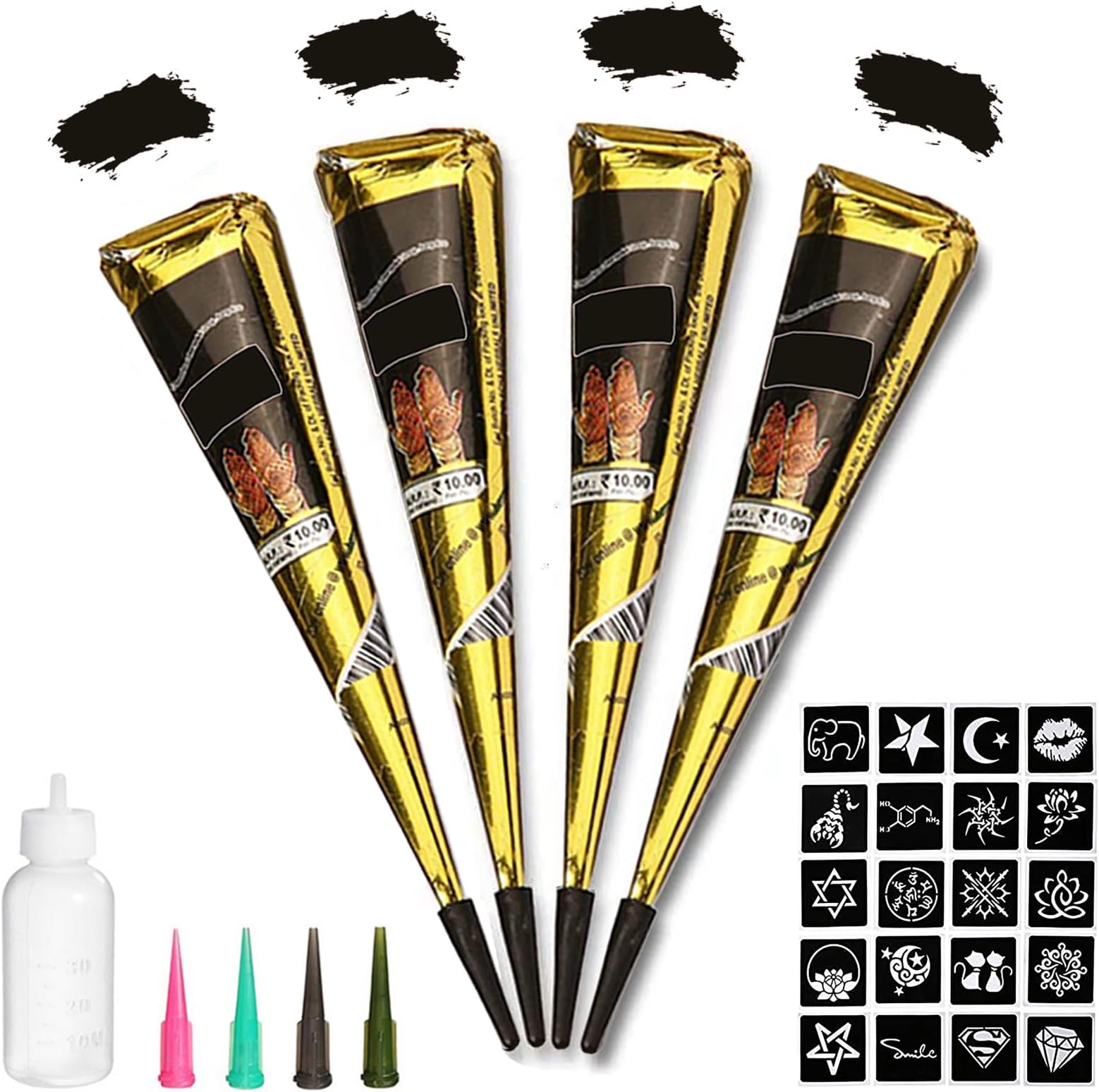 Black Tattoo Cones, Yomagine 4Pcs Temporary Kit, 100% Natural Ready To Use Paste, India Body Diy Art Painting For Women Men Kids With 20 Adhesive Stencils, 1 Bottle, 4Nozzles