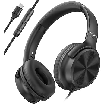 Cowyawn USB C Headphones Wired Over Ear Headphones with Mic Volume Control HD Stereo Sound Foldable Lightweight Headphones for Adult/Teen/Chromebooks/Laptop/Computer/TravelBlack
