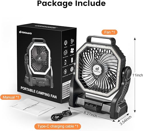 Miniatura 7 de Odoland Ventilador de campamento recargable, ventiladores de batería de 20000 mAh con linterna LED para tienda de campaña, auto, tormenta de playa,