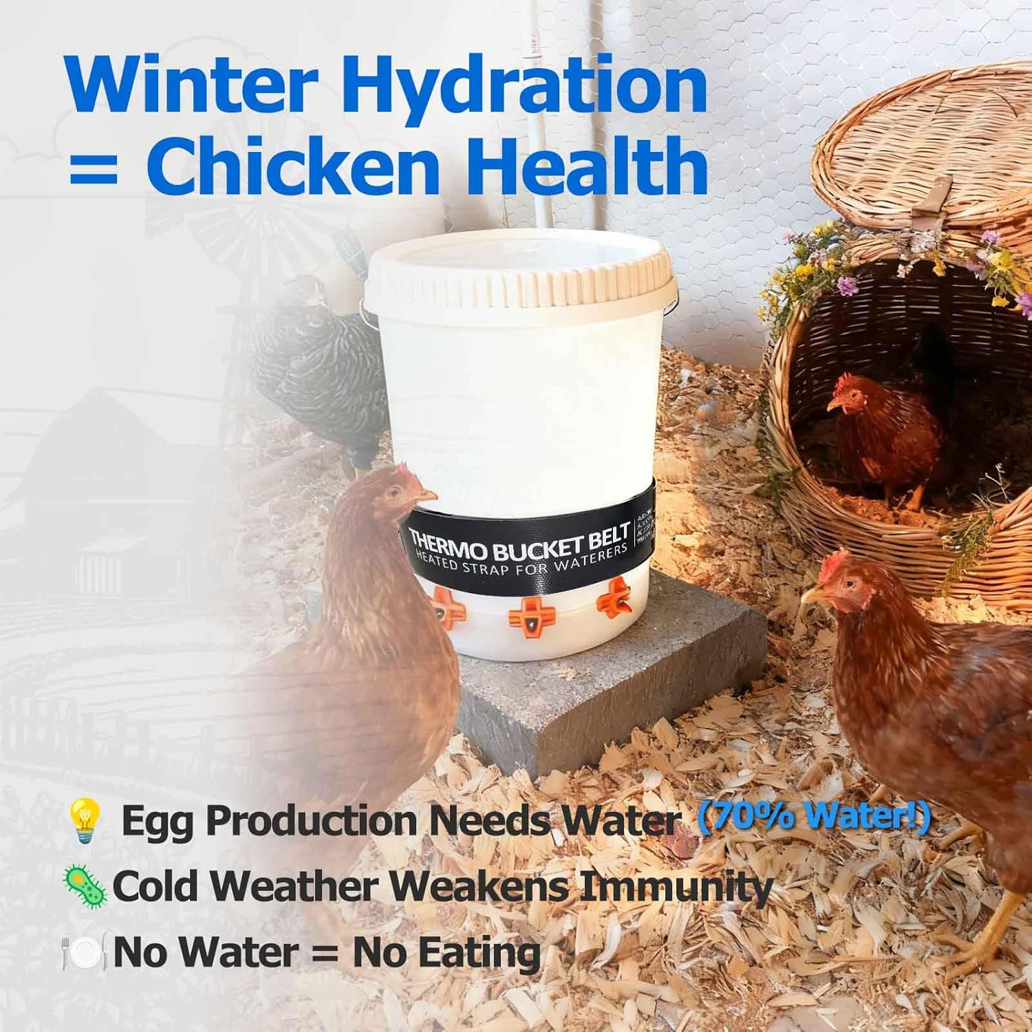 Chicken Water Heater for Winter, 50 Watt Thermo Bucket Belt Heated Strap Fits Most 2-5 Gal Buckets (Turn on Below 68°F and Off at 86°F)