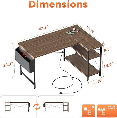 Miniatura 2 de Mericonia Escritorio pequeño en forma de L para computadora con tomas de corriente, escritorio de juegos para espacios pequeños, escritorio de