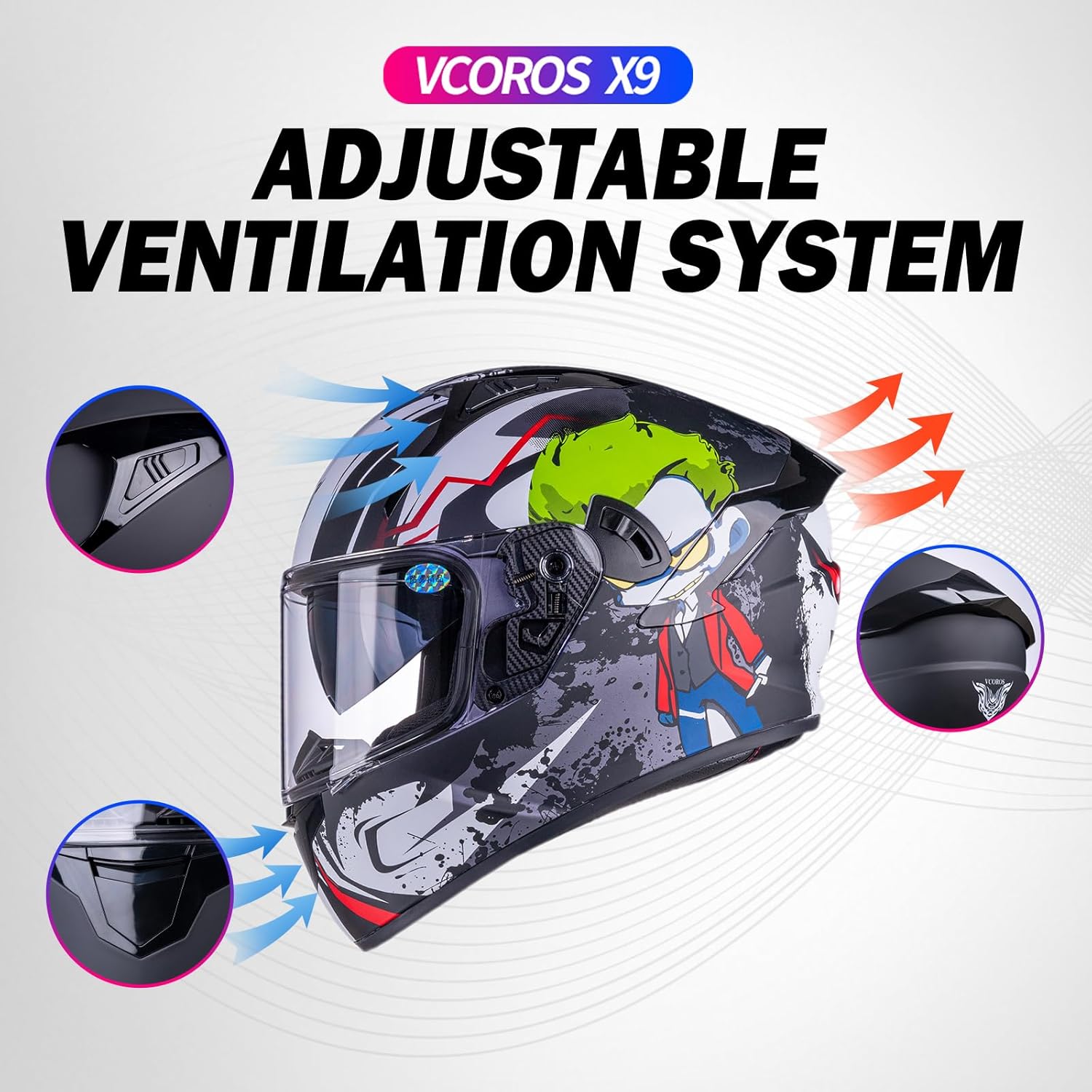 VCOROS Full Face Dual Visor Motorcycle Helmet for Adults Motorbike Street Bike Racing Helmets X9 DOT Approved with Black Visor