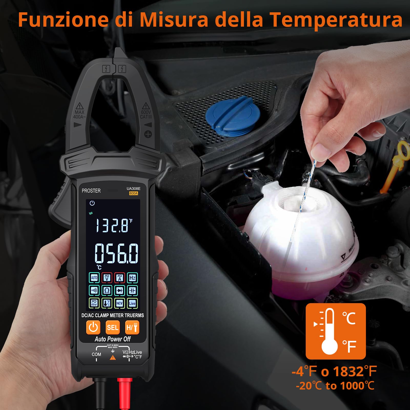 Proster Pinza Amperometrica Intelligente a Nero Auto-Ranging 800 AC/DC Tensione e Corrente 6000 Conti Test di Resistenza Diodo Capacitanza Temperatura 10MHz LIVE NCV con Display Analogico a Barre
