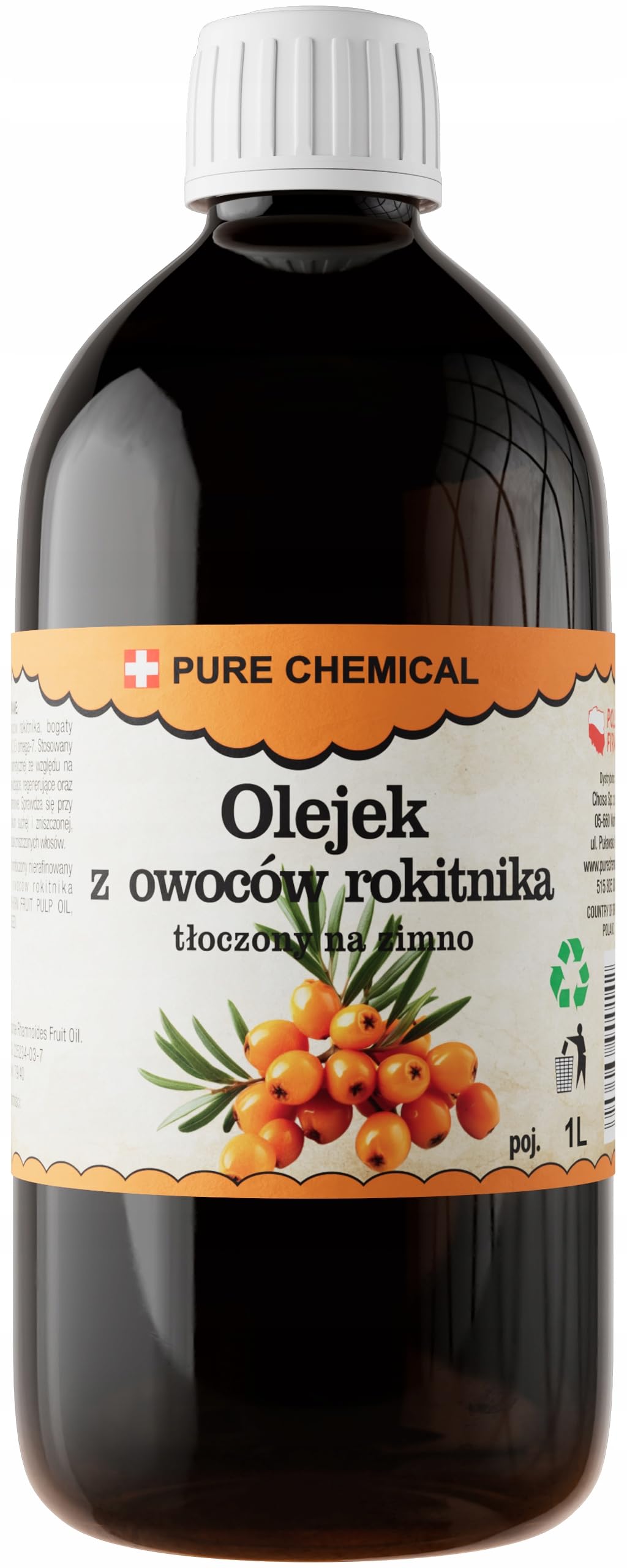 PURE CHEMICAL - Organiczny olej z rokitnika zwyczajnego - tłoczony na zimno - nieprzetworzony 1000 ml olej z owoców - 100% czysty - olej do ciała - pielęgnacja skóry - do masaż 1L