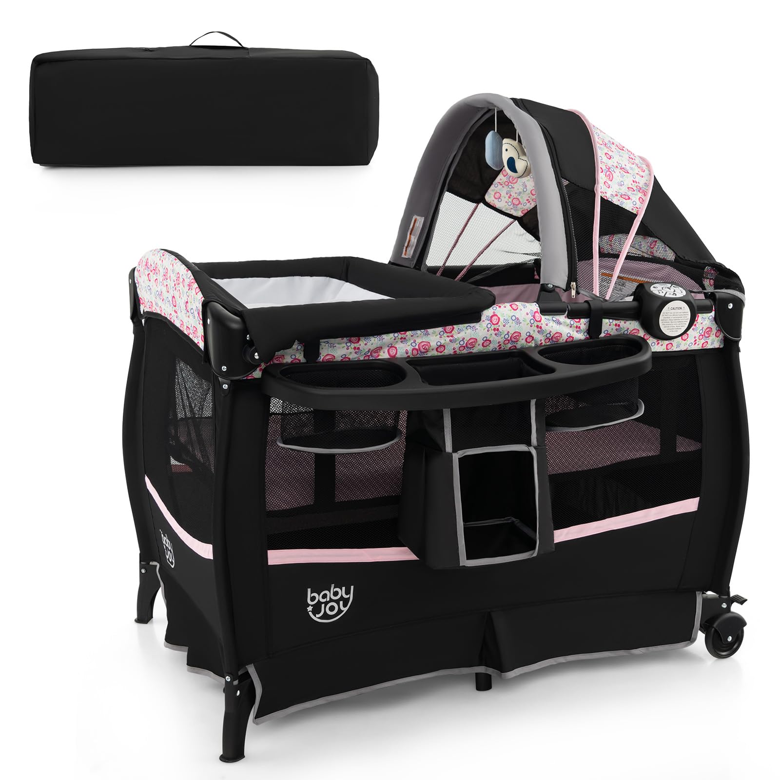 GOPLUS Cuna de Viaje Portátil, Cuna Bebe Plegable con Techo Ajustable, Colchón, Cambiador, Estante, Juguetes, Caja de Música, Ruedas Bloqueables y Bolsa de Transporte, para 0-3 años (Negro-Rosa)