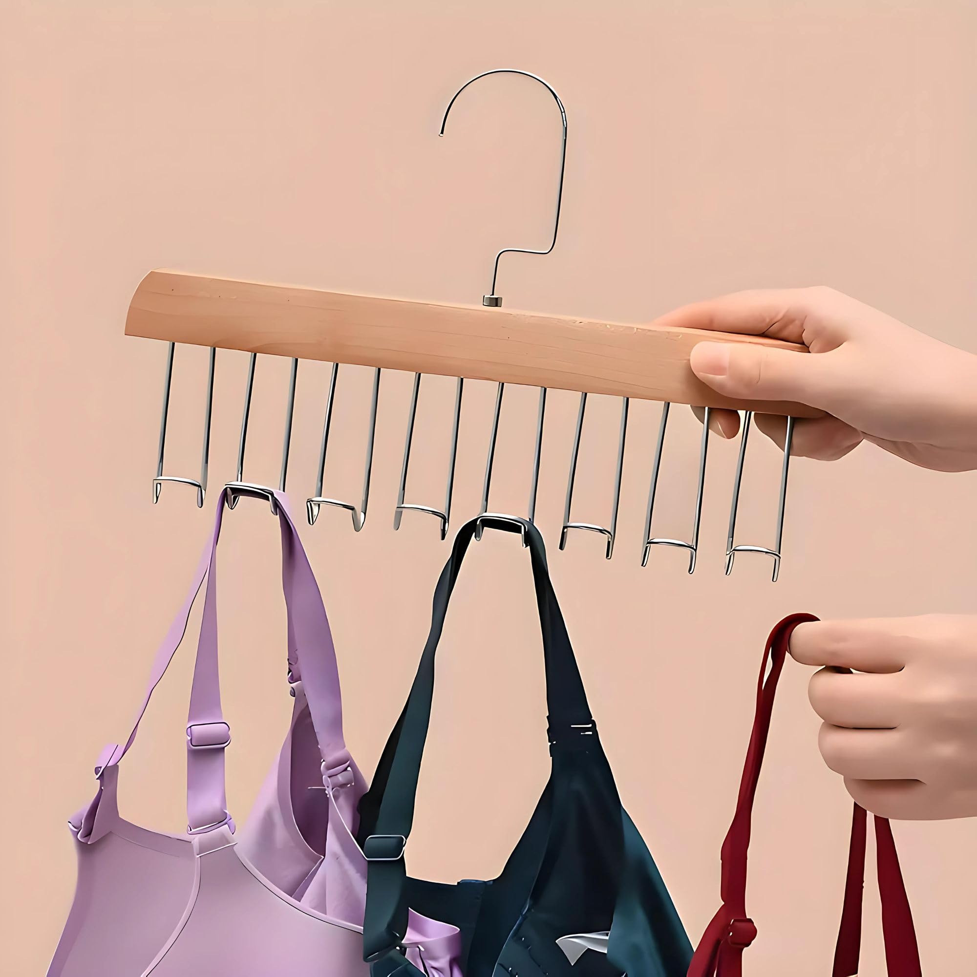 Hian Adjustable Wooden Hanger with 8 Hooks – Versatile Closet Organizer for Lingerie, Belts, Scarves, Ties & Garments – Perfect Space-Saving Storage Solution for Wardrobes & Cupboards (Natural Color) 4