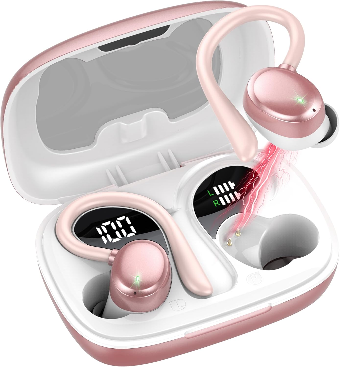 Tiksounds A12 Wireless Earbuds in their charging case, showcasing the pink color and LED display.