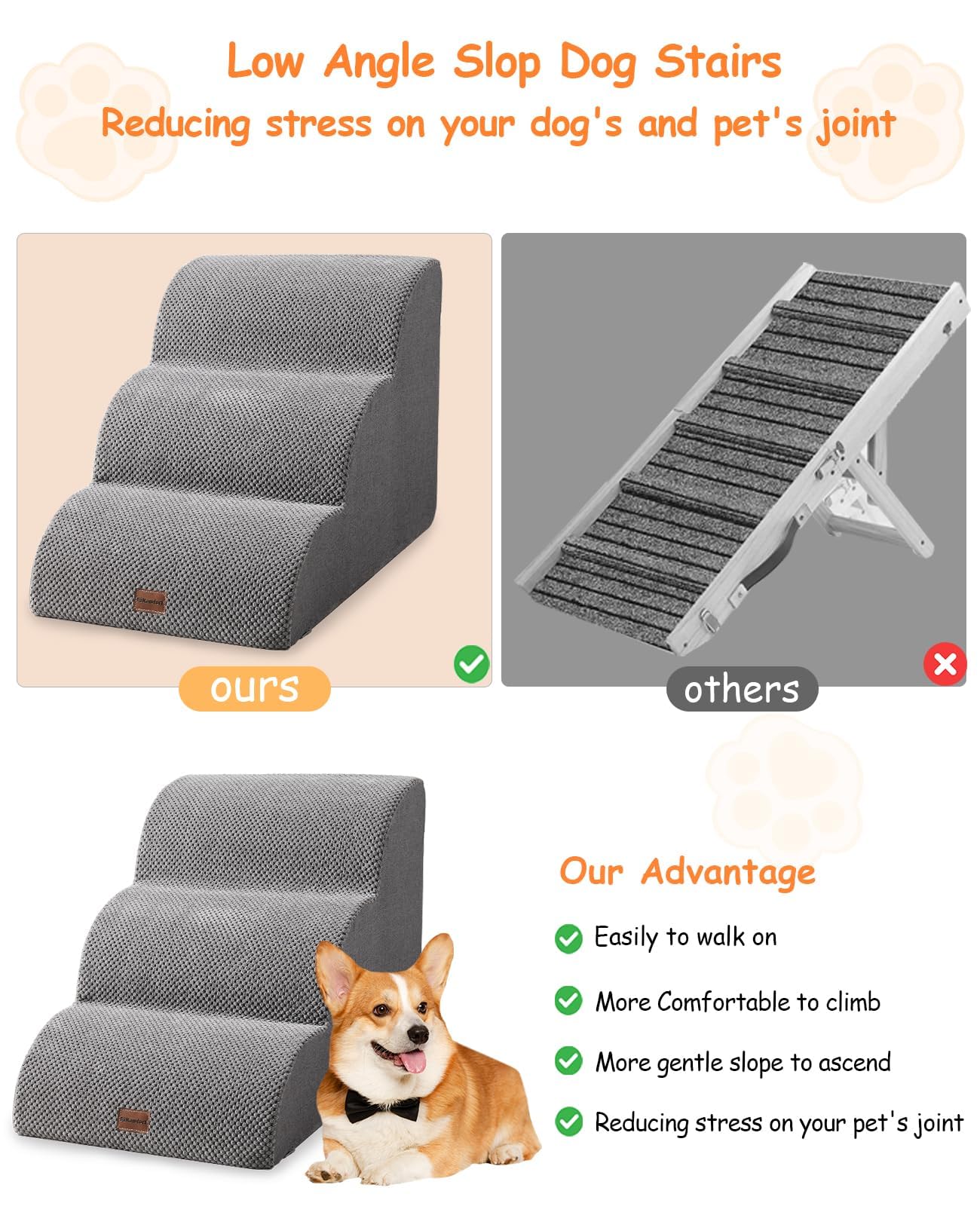 Scaletta Per Cani,3 Gradini Scala Antiscivolo per Animali Domestici,Scale per Cani per Divano e Letto con Fodera Copertura Rimovibile e Lavabile (Grigio)