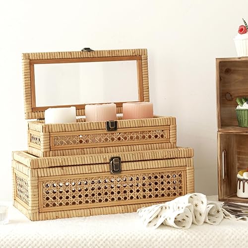 Miniatura 7 de Cajas apilables de ratán y caña con tapa superior de cristal, juego de 2 para decoración bohemia y rústica de granja