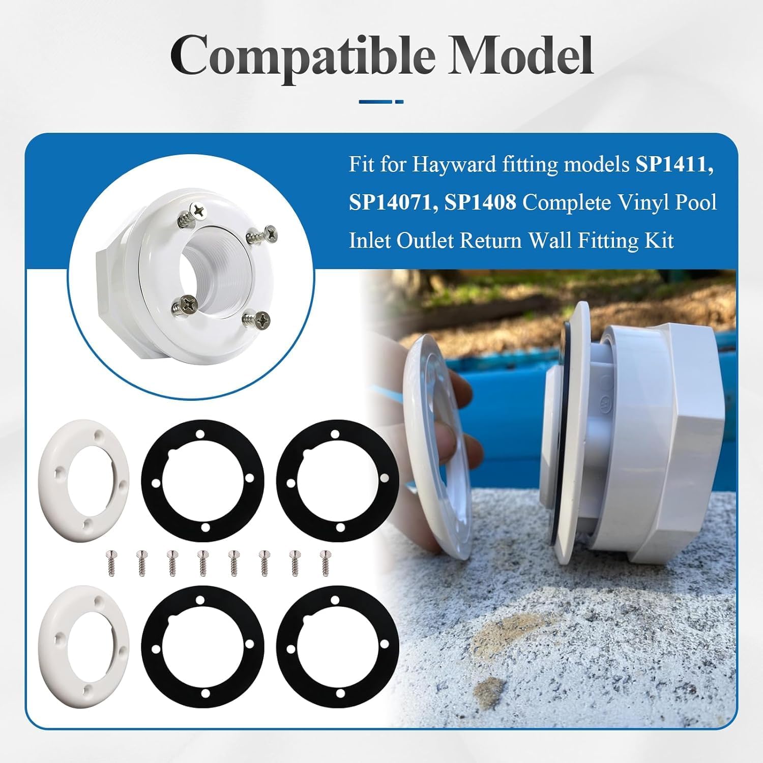 SPX1408B Face Plate & SPX1408C Gasket Compatible with Hayward Pool SP1408 SP1411, SP14071 Inlet Return Wall Fitting Kit,Vinyl Swimming Pool Return Wall Fitting Kit W/8 Face Plates,16 Gaskets,32 Screws