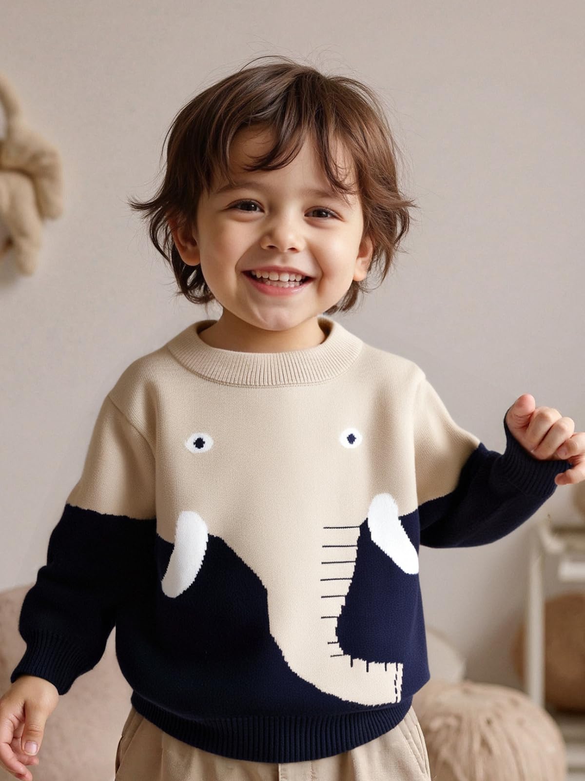 Suéter de Punto para Niño Pequeño Lindo Jersey de Cuello Redondo Blusa de Manga Larga con Estampado Animal Sudadera Cálida para Niños
