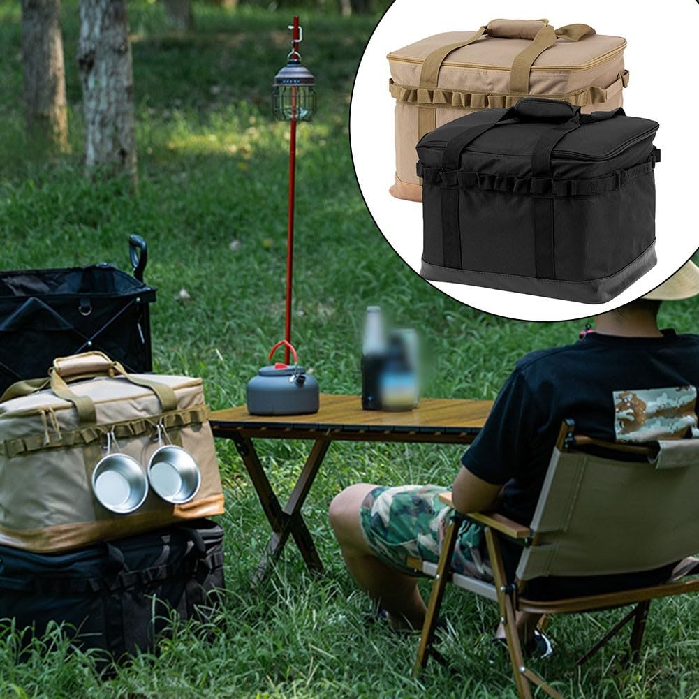 Grande borsa portaoggetti da campeggio, 42 x 32 x 29 cm, per esterni, pieghevole, organizer da picnic con cintura da appendere, cachi, per attrezzatura da trekking
