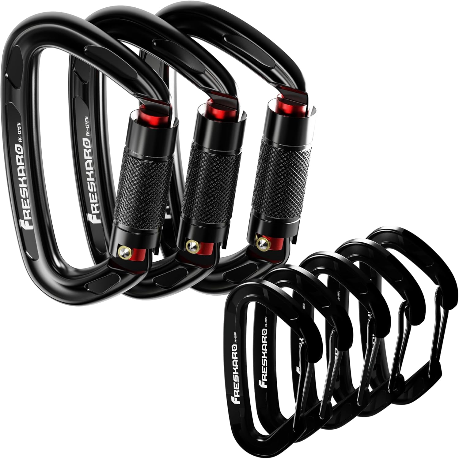FresKaro 3pcs 25KN Climbing Carabiners with 5pcs Small Size Wiregate Carabiners for Keychain, Backpack, Hiking, Camping etc., Black Color