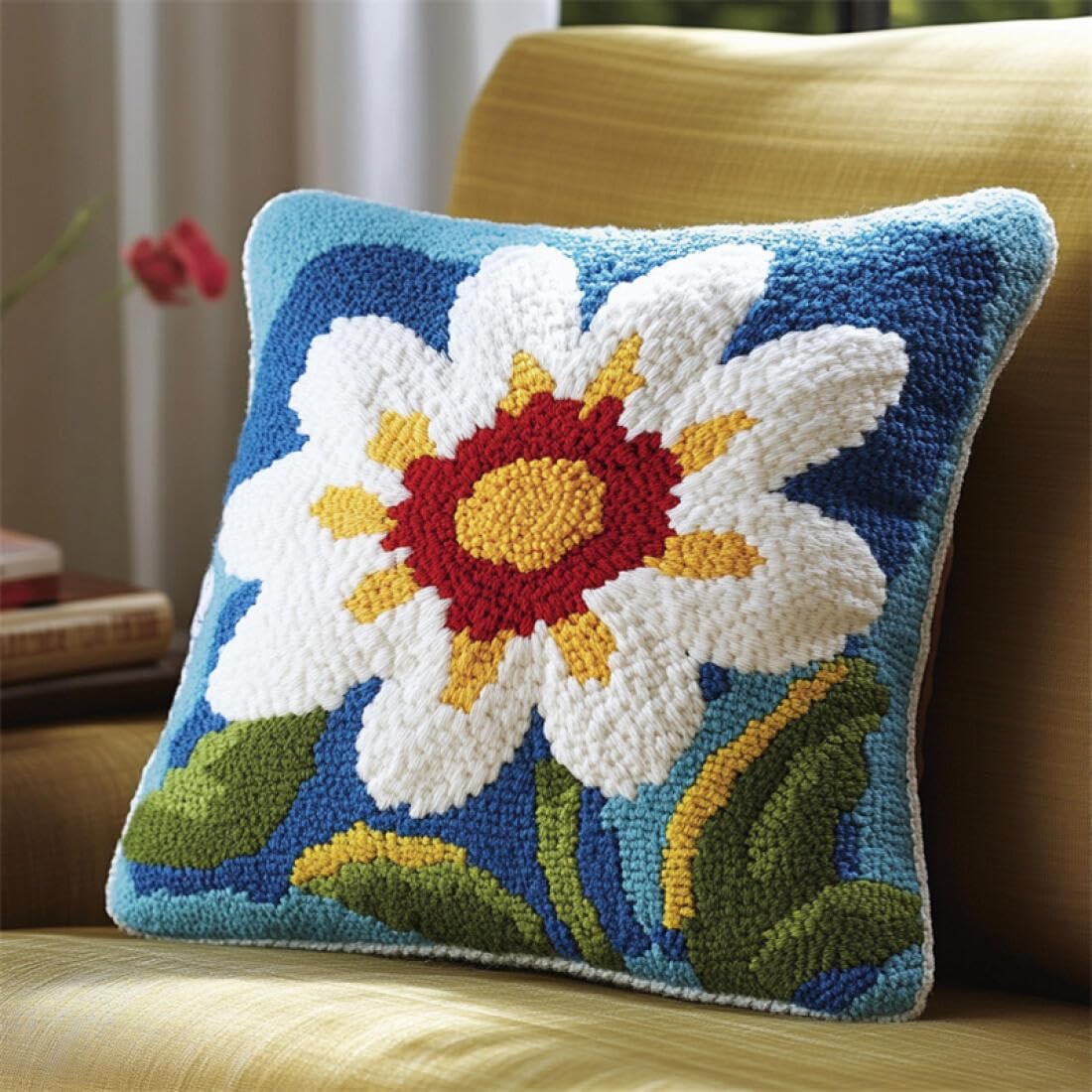 Kitquiver Latch Hook Cushion Set Cartoon Daisy DIY Latch Hook Kits Pillow Needlepoint Cushion Kit for Home Décor Needlework Set for Adult Beginners 17x17In