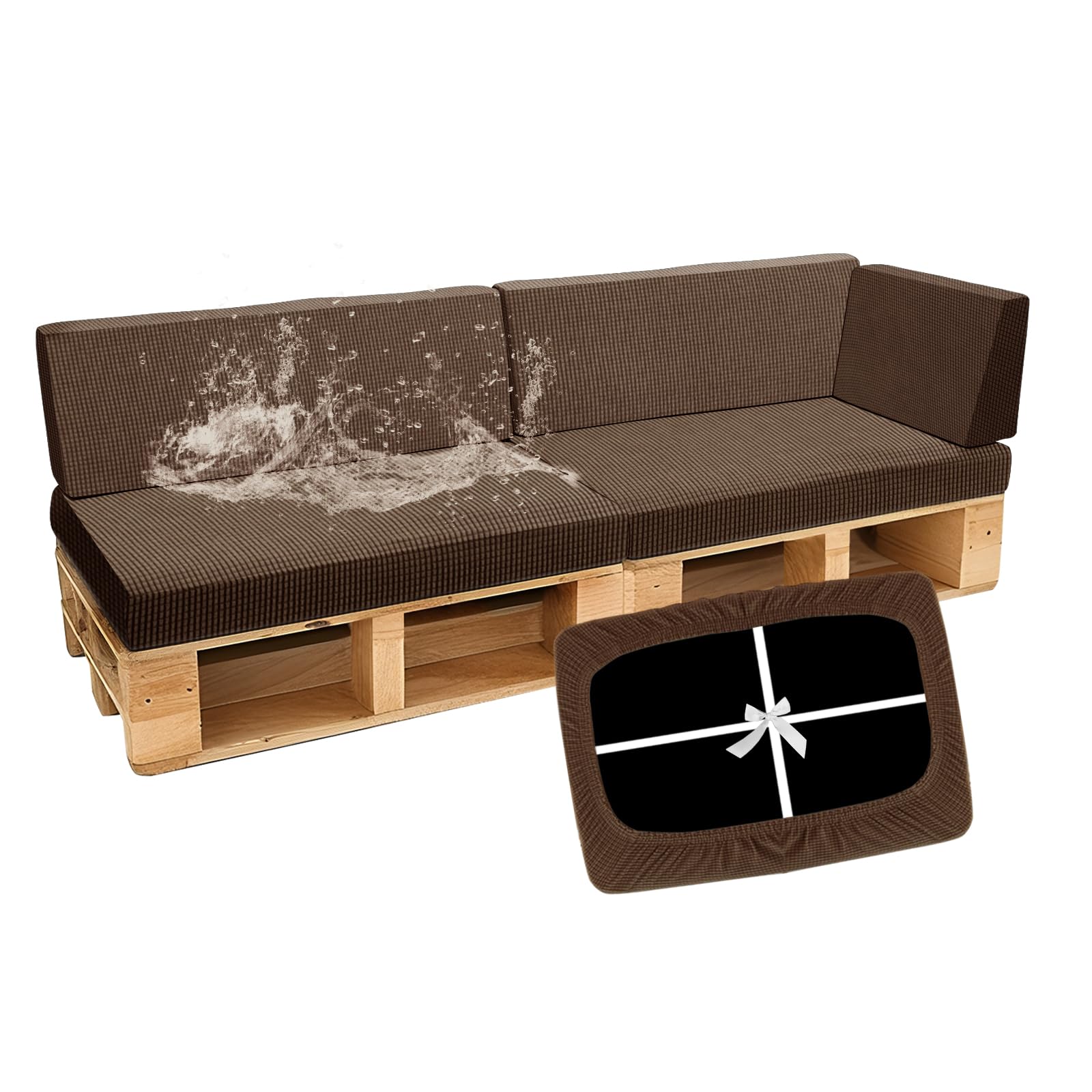 SYLC Waterproof Pallet Cushions Covers, Stretch Cover for Pallet Furniture Cushions with 4 Ties, Outdoor Corner Sofa Covers for Rattan Patio Garden Caravan (Caramel,5 PCS(2 Seats+3 Backs))
