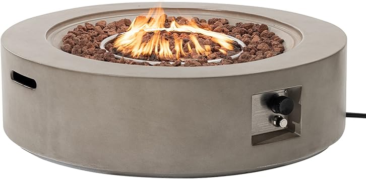 SUNBURY Outdoor 42" Propane Fire Pit Table, 50000 BTU Gray Patio Fire Table, Concrete Round Gas Fire Table w Lava Rocks