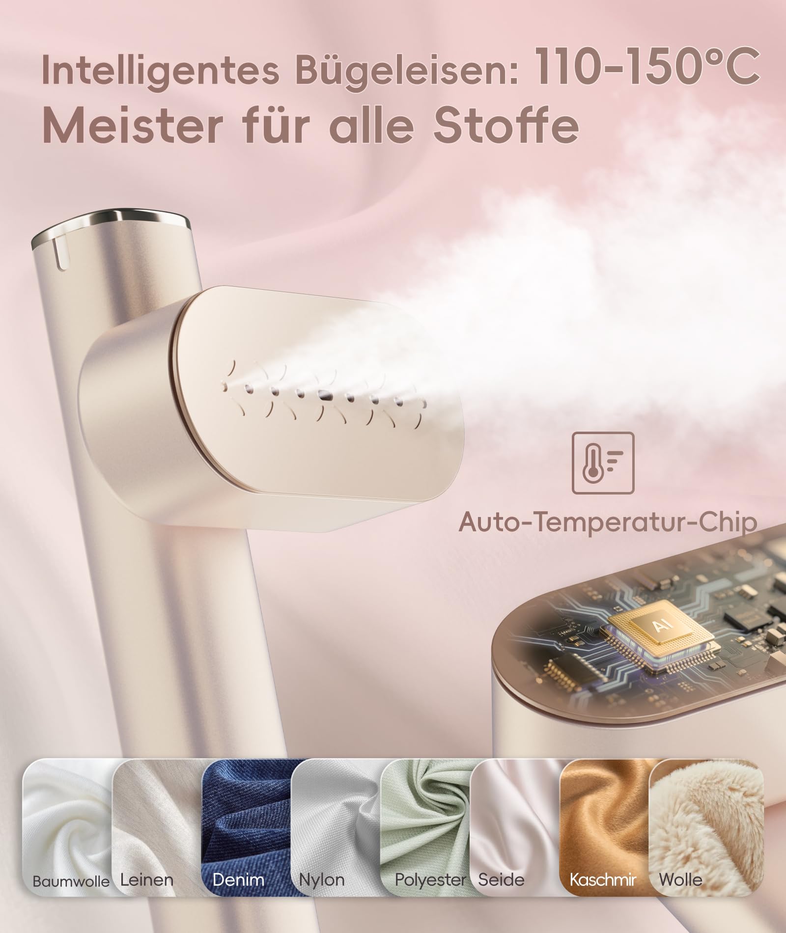 Dampfglätter für Kleidung, Handheld 100-240V Dual Voltage Travel Dampfglätter, 1000W und 120ML Wassertank Tragbarer Dampf & Bügeleisen 2 in 1 für Geschäftsreisen Zuhause, Roségold
