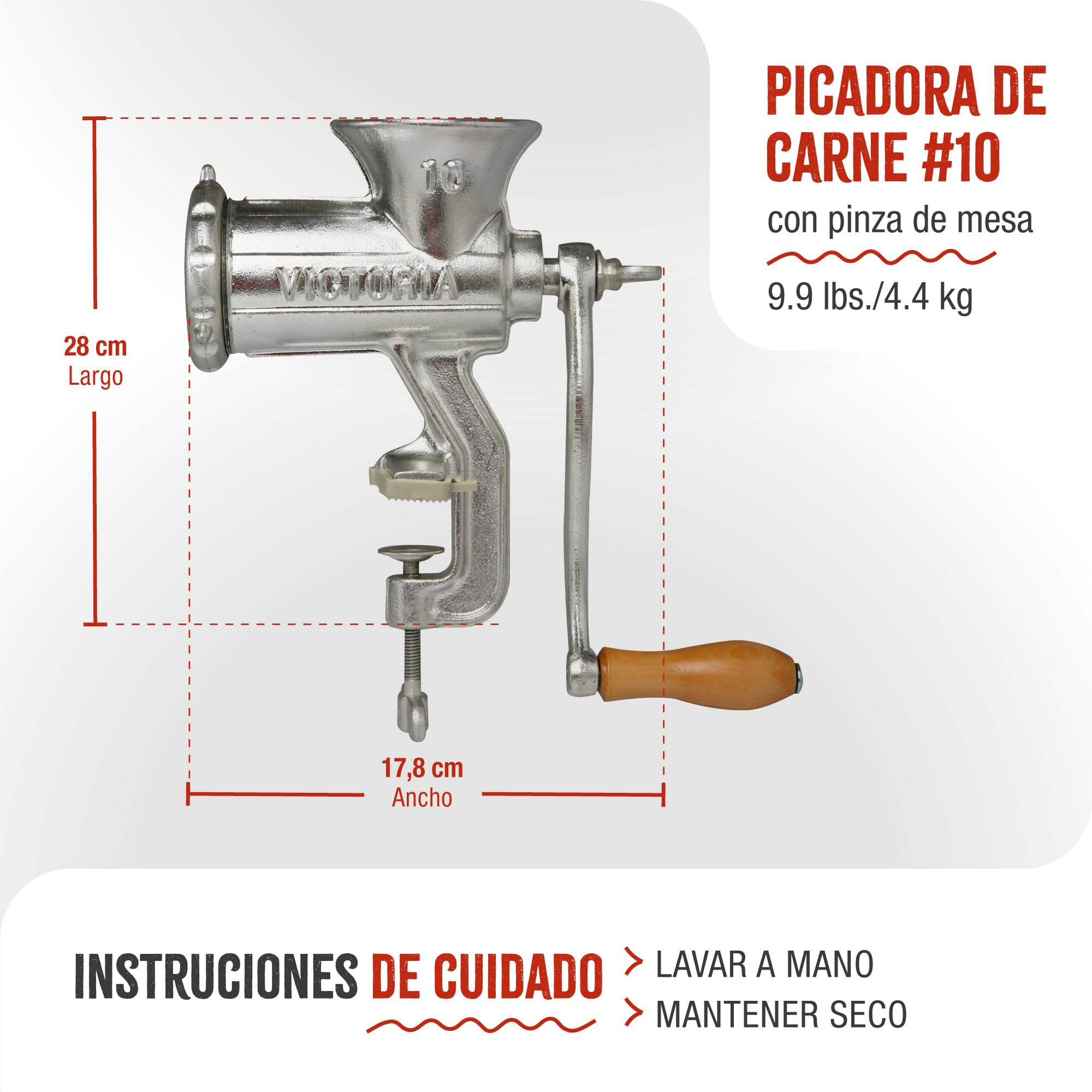 Victoria Picadora Trituradora de Carne Manual, Embutidora Salchichas, Chorizo, Máquina para Picar Carne para Embutidos, Hierro Fundido, Número 10, Meat Grinder con Abrazadera para Mesa
