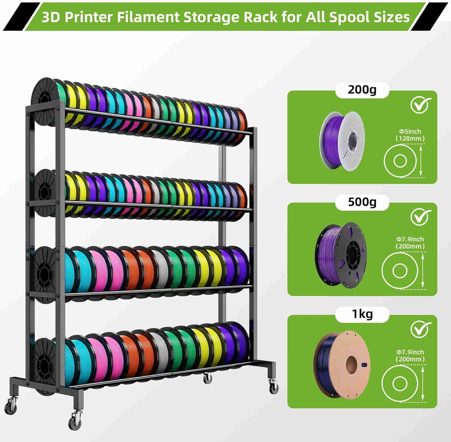 3D Printer Filament Storage Rack Stand, Rolling Filament Spool Holder Cart with Wheels, 4 Tier Expandable Heavy Duty Metal Shelf for 3D Printing Studio Workshop,1pcs Stand Only