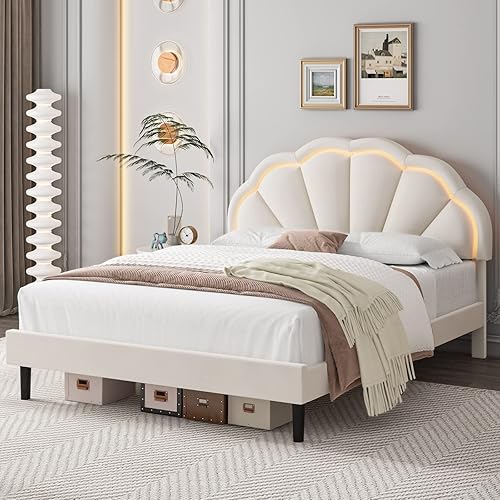 Miniatura 9 de HIFIT Marco de cama LED inteligente tapizado completo con cabecera ajustable de flores elegantes marco de cama de plataforma tamaño matrimonial con