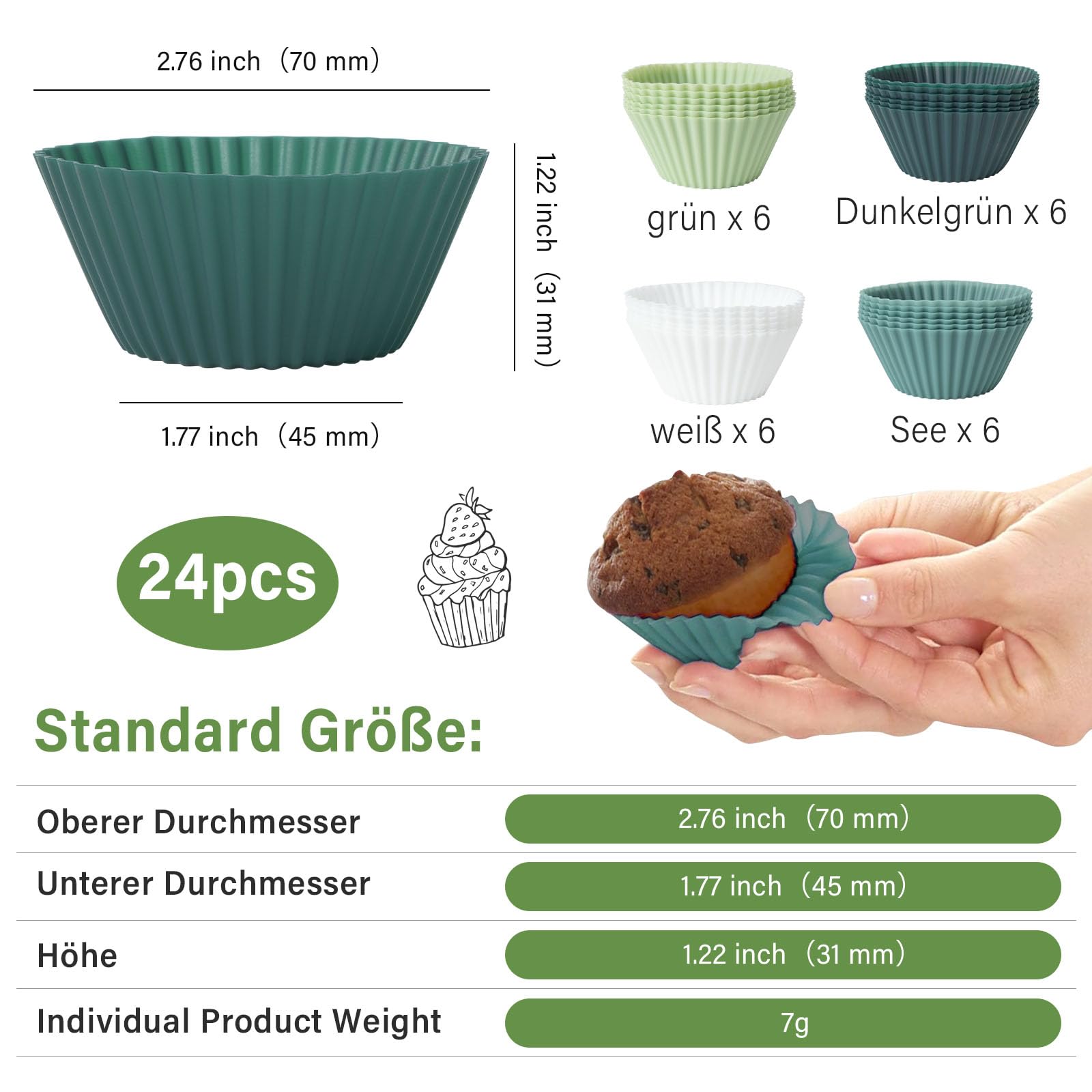 Molde de Silicona para Muffins, 24 Piezas Moldes Antiadherentes Reutilizables para Muffins, Molde Silicona Magdalenas, Mini Molde Muffins para Pasteles, Pudines, Helados y Postres, 4 x 6 PC