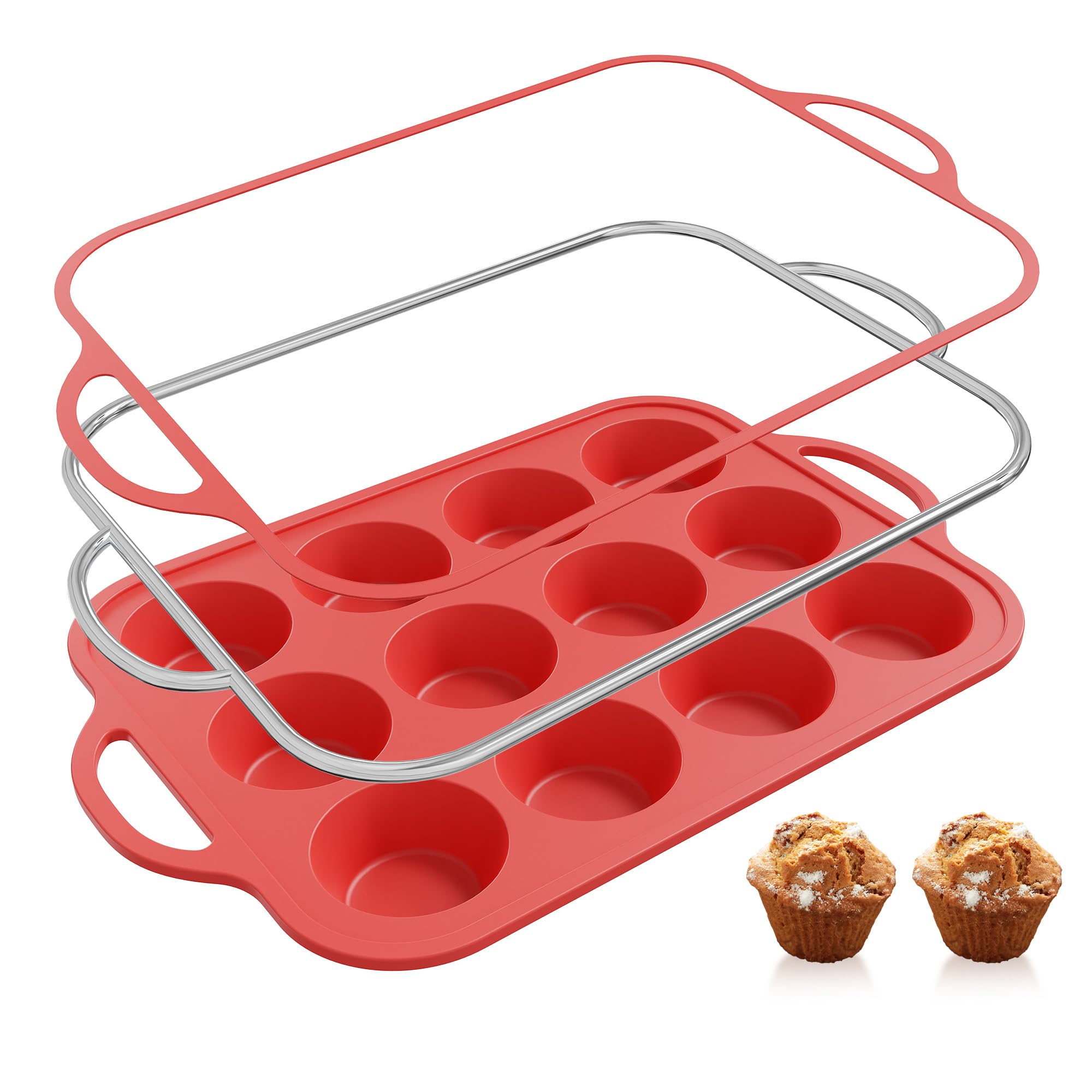 Silicone Muffin Pan for Baking with Metal Reinforced Frame, 12 Cup Regular Size Cupcake Pan Rose Red