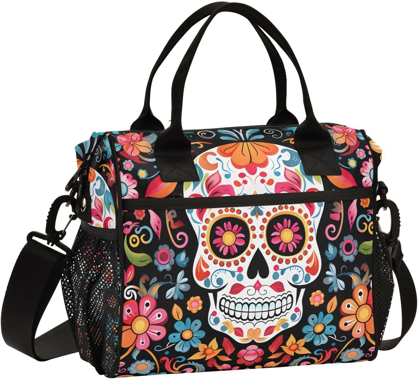 Skull Day Of The Dead Lunch Bag for Women, Insulated Lunch Box for Students, Women's Lunch Tote Bag with Side Pockets & Removable Shoulder Strap Large Cooler Purse for Picnic Work Beach