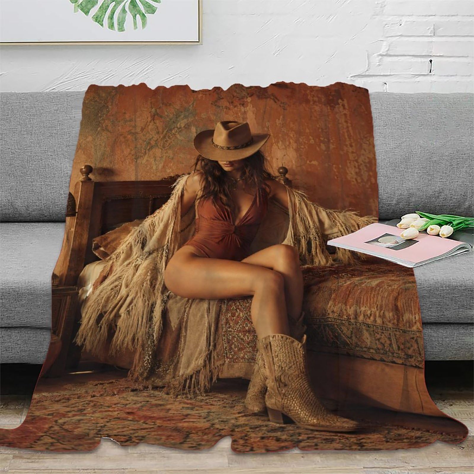 W7C8U2X3 Rustic Cowgirl Bedroom Throw Blanket, Flannel, Western Cowgirl Art