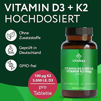 Vitabay Vitamin D3 + K2 Depot 5000 IU - 180 Vegan Tablets - High Dose