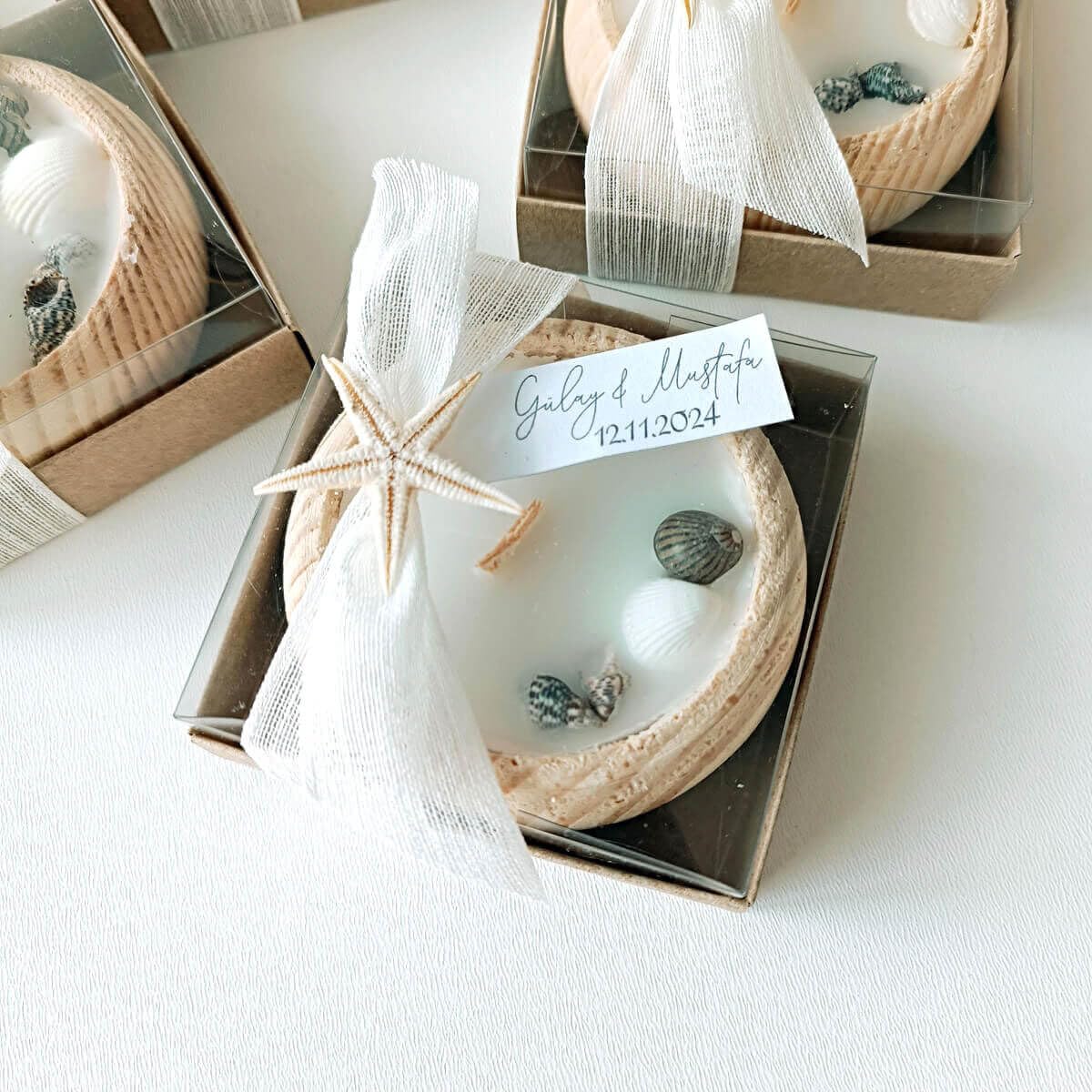 Set of 10 Beach Theme Candle Favors, Coastal Guest Gift with Shells and Starfish, Boxed Handmade Candle for Wedding or Party, Custom Label Available (200 PIECES)