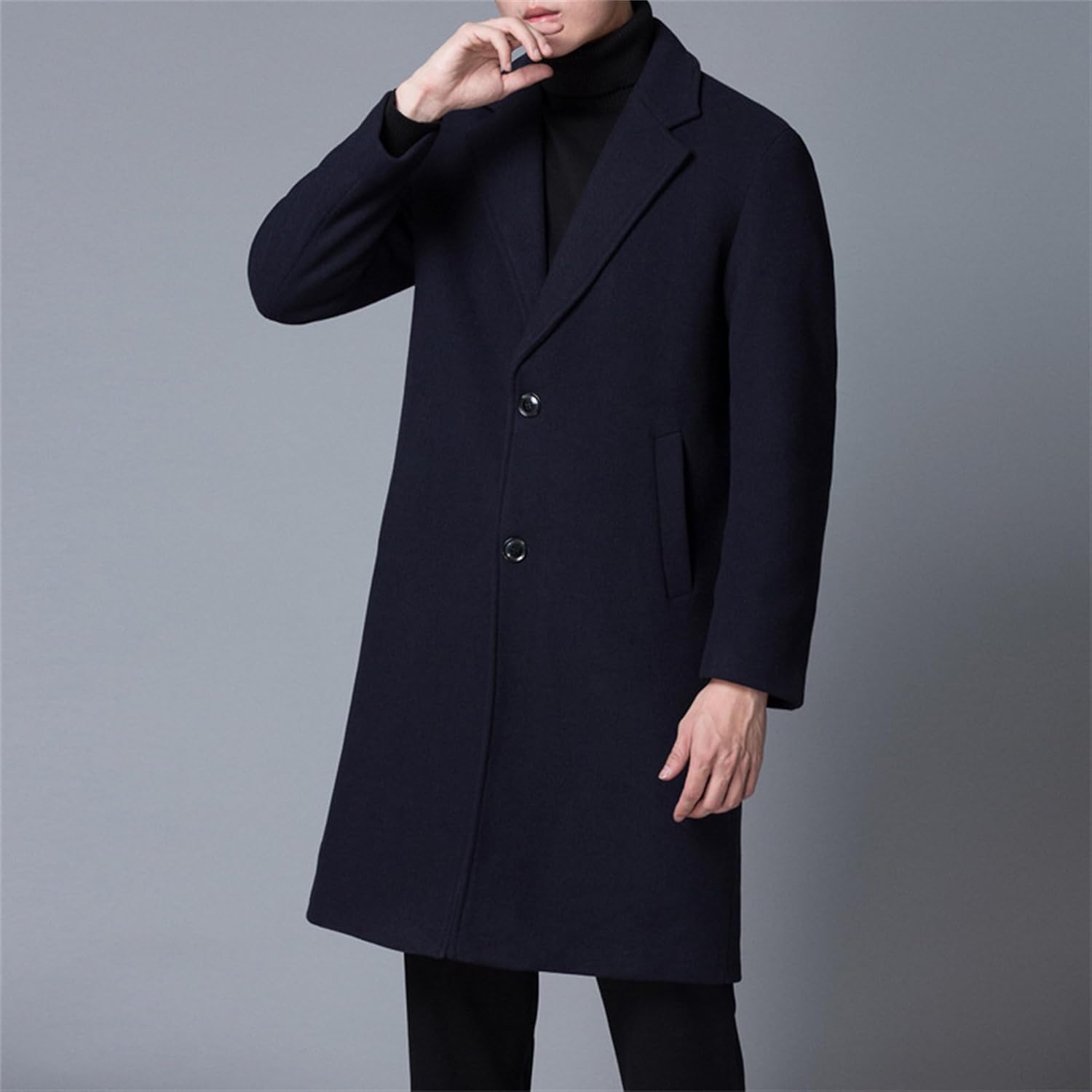 Mens Notch Lapel Trench Coat Single Breasted Wool Blend Pea Coat Casual Winter Long Overcoat With Pockets